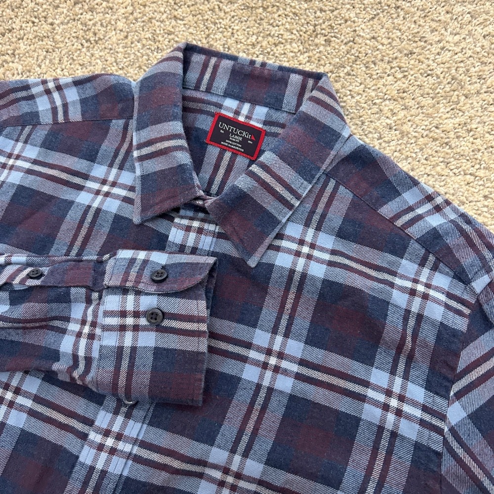 UNTUCKit Barrington Shirt Large Blue‎ Plaid Slim Fit Flannel Button Down 35749